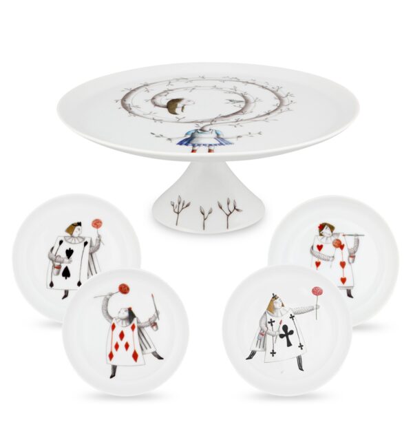 Set Small Footed Cake Plate & 4 Plates